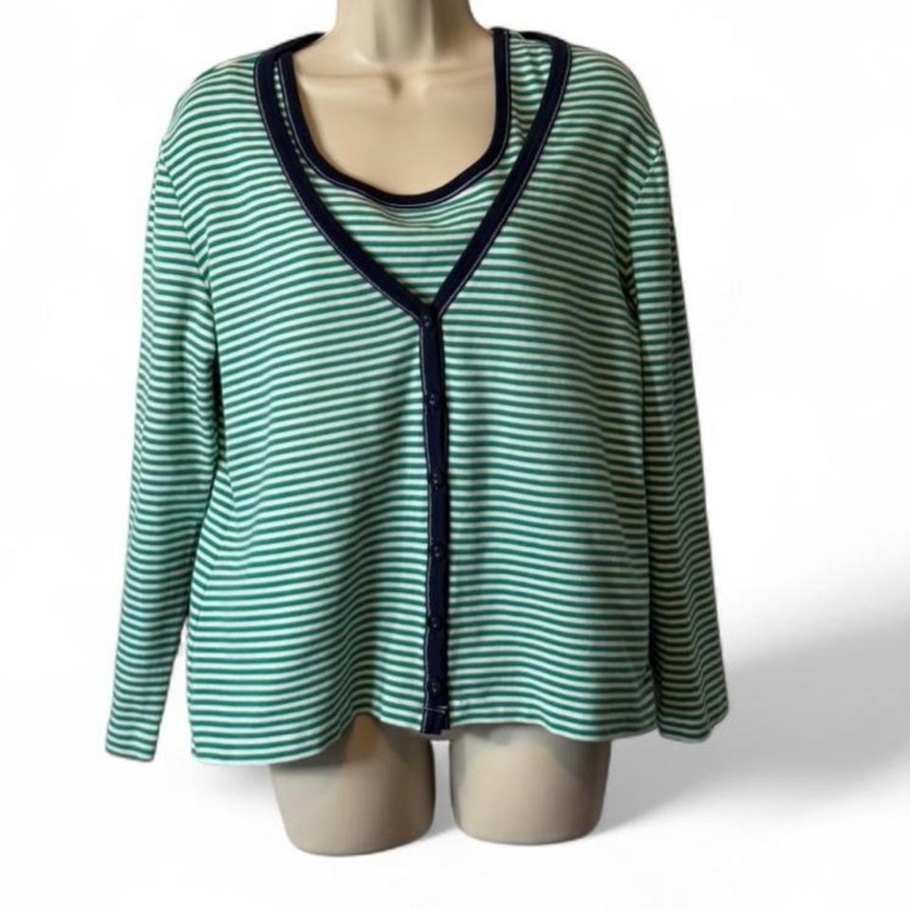 Vintage Chico's Green & White Striped Navy Trimmed Tank Top Cardigan Set‎
